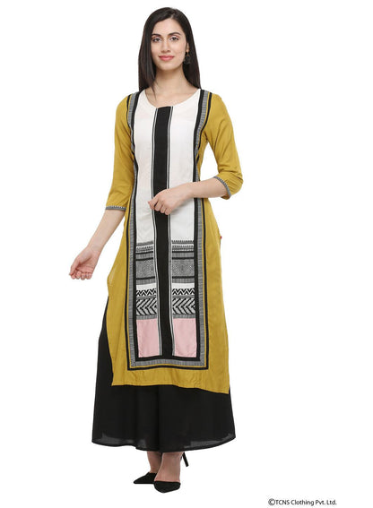 Mustard Printed Round Neck kurta - wforwoman