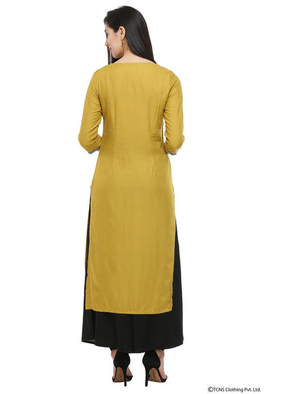 Mustard Printed Round Neck kurta - wforwoman