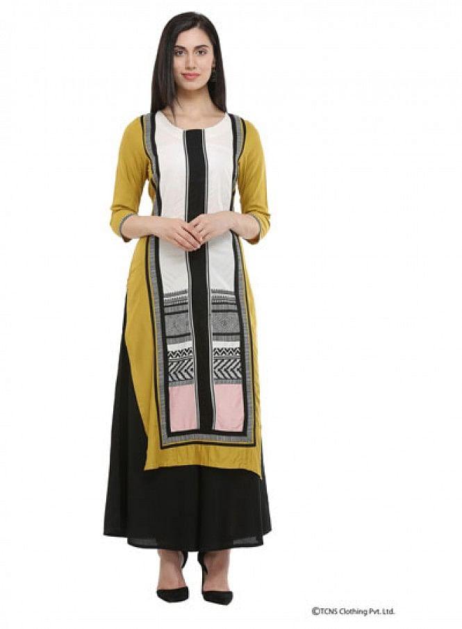 Mustard Printed Round Neck kurta - wforwoman