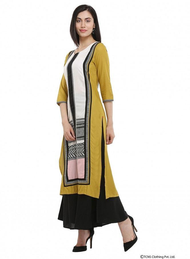 Mustard Printed Round Neck kurta - wforwoman