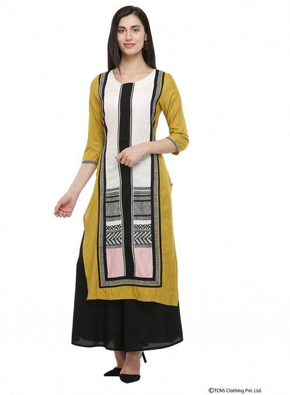 Mustard Printed Round Neck kurta - wforwoman