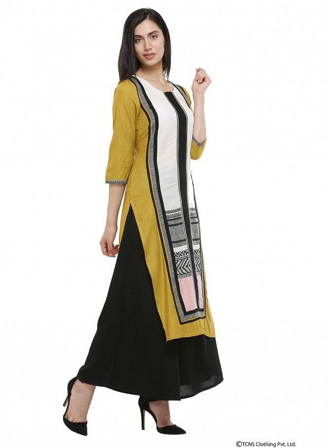 Mustard Printed Round Neck kurta - wforwoman