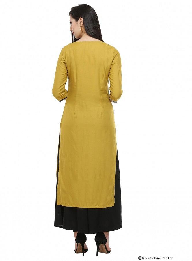 Mustard Printed Round Neck kurta - wforwoman