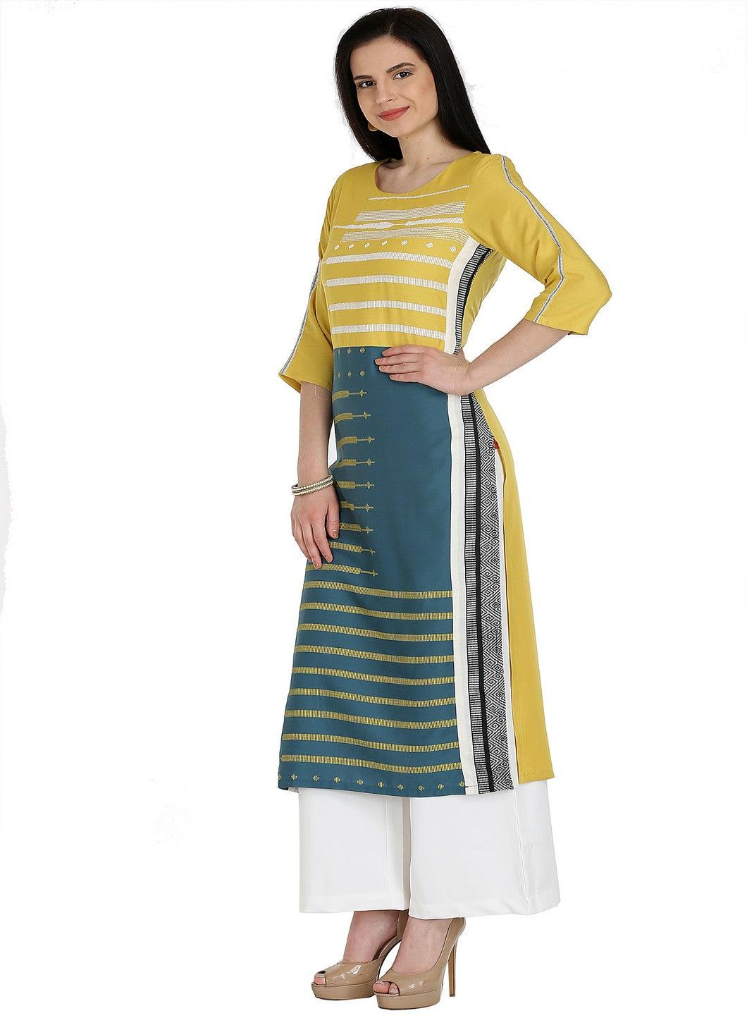 Yellow Printed 3/4 Sleeve kurta - wforwoman