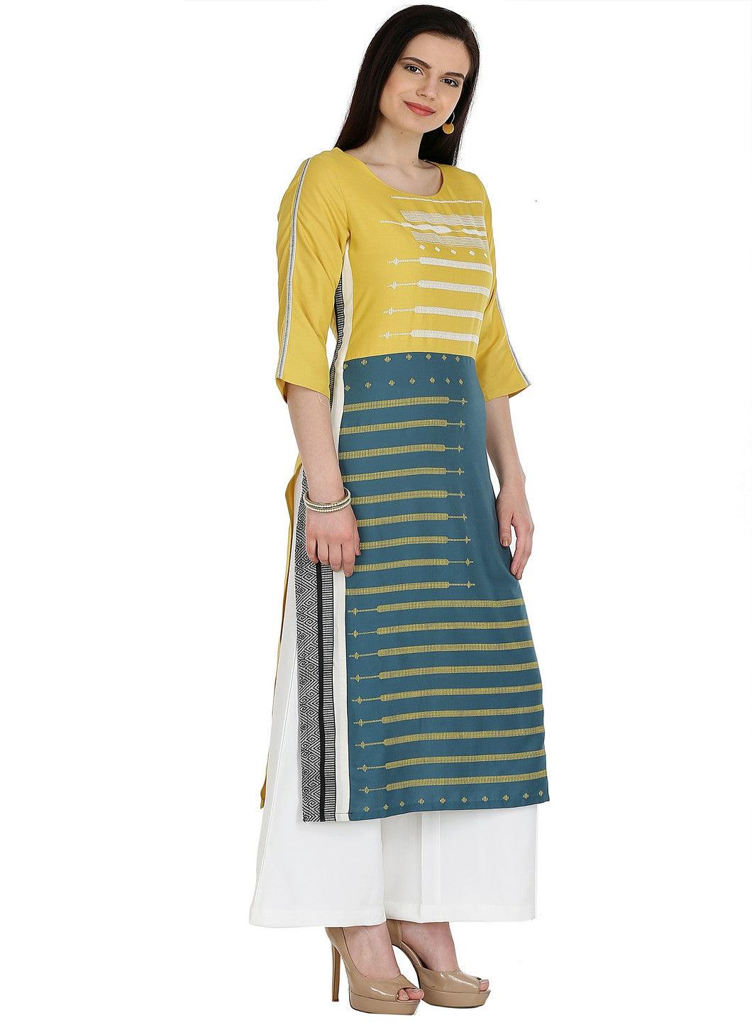 Yellow Printed 3/4 Sleeve kurta - wforwoman