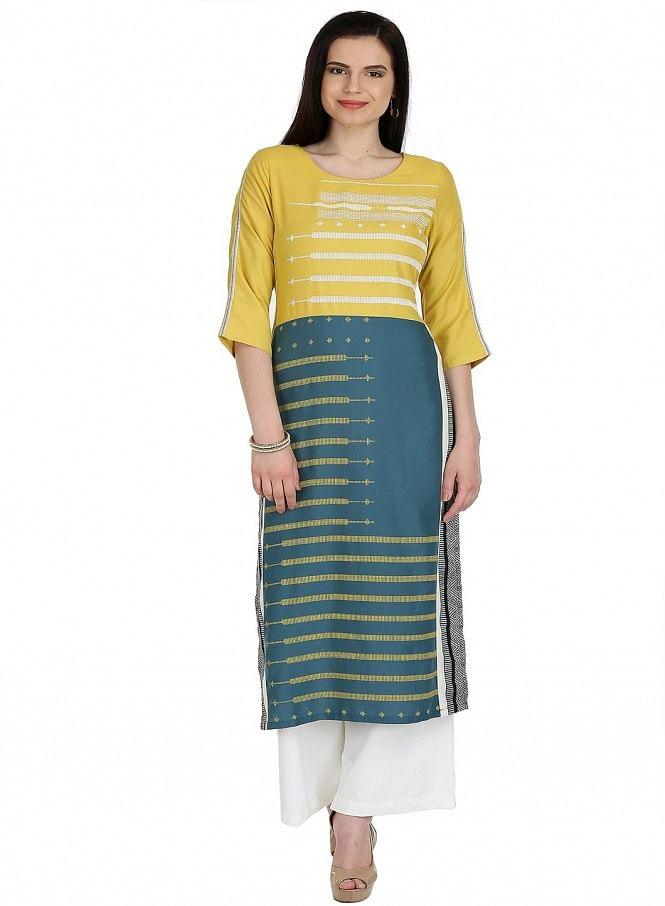 Yellow Printed 3/4 Sleeve kurta - wforwoman