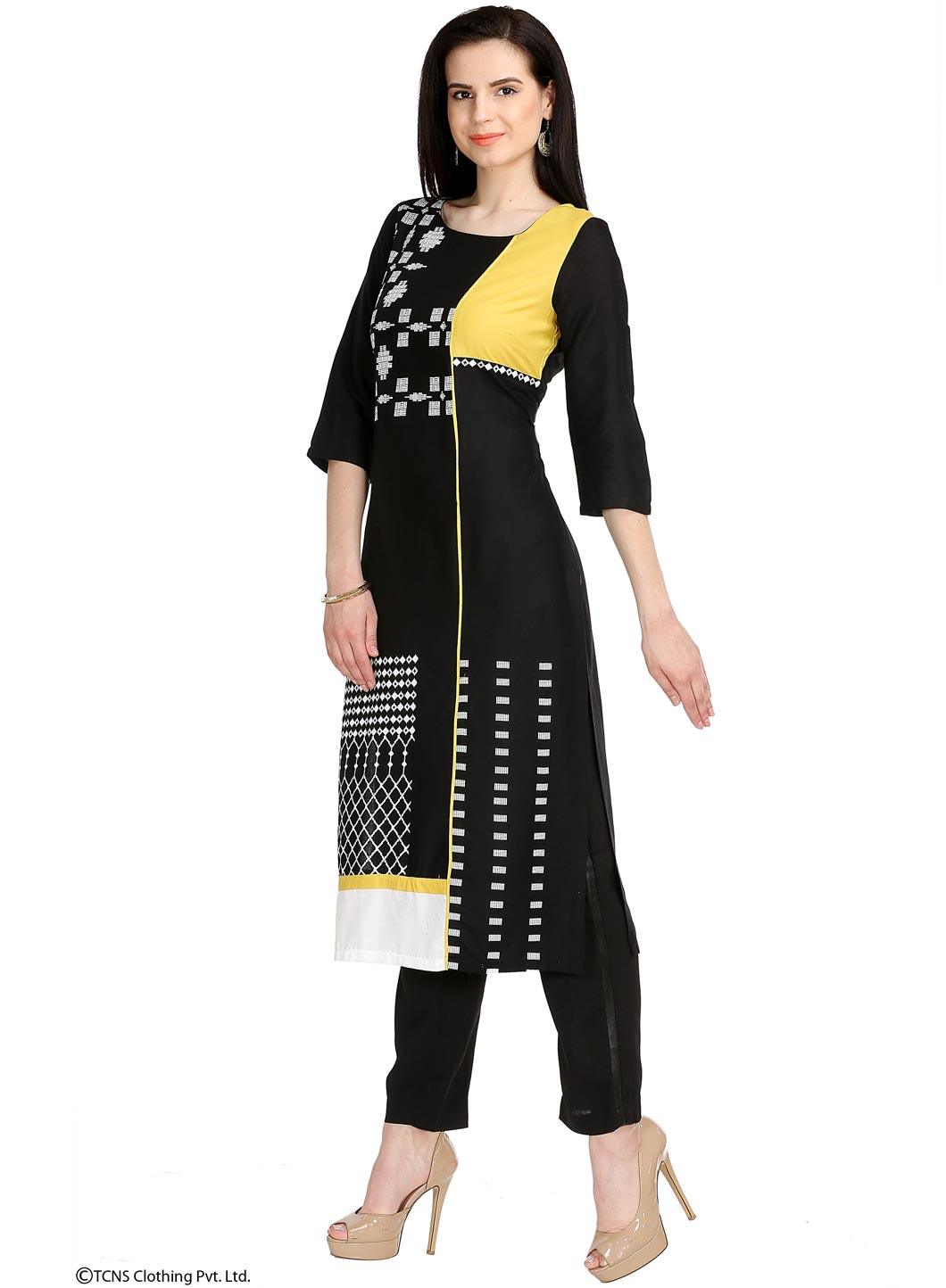 Black Printed 3/4 Sleeve kurta - wforwoman