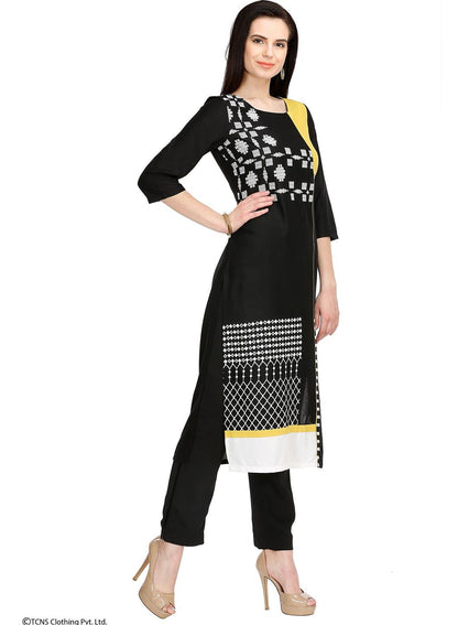 Black Printed 3/4 Sleeve kurta - wforwoman