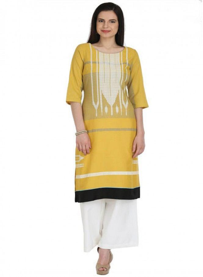 Yellow Printed 3/4 Sleeve kurta - wforwoman