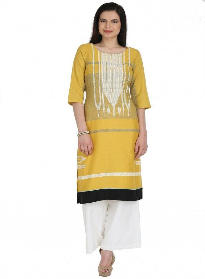 Yellow Printed 3/4 Sleeve kurta - wforwoman