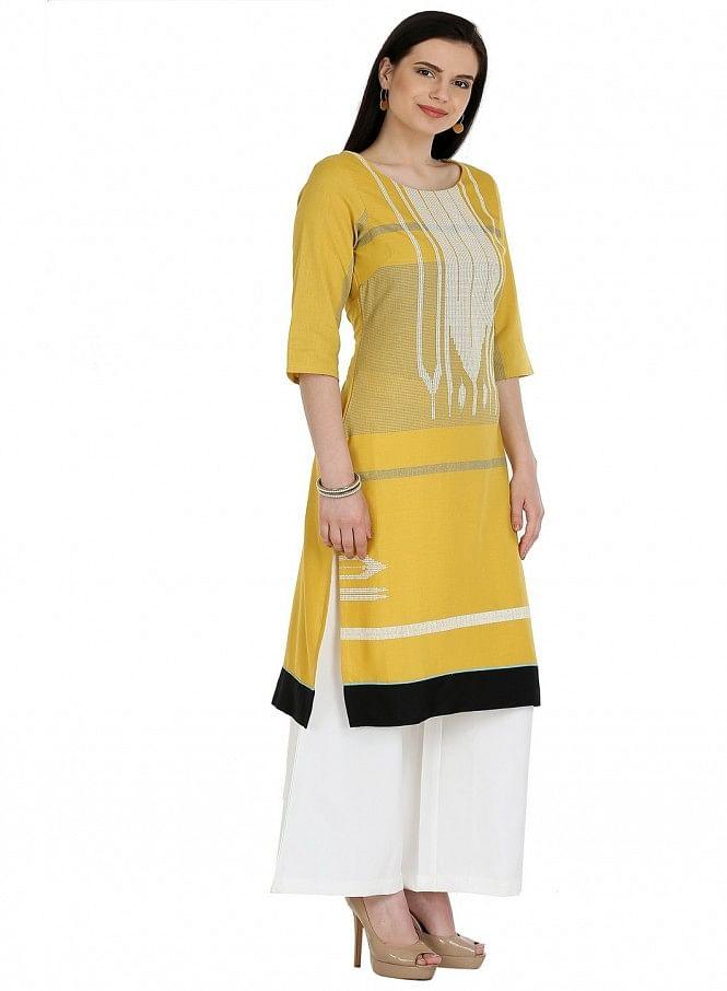 Yellow Printed 3/4 Sleeve kurta - wforwoman