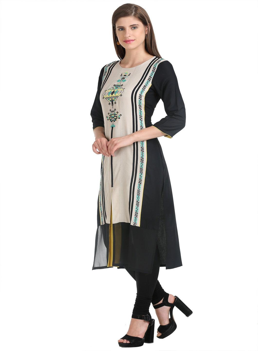 Black &amp; Beige 3/4 Sleeve Printed kurta - wforwoman