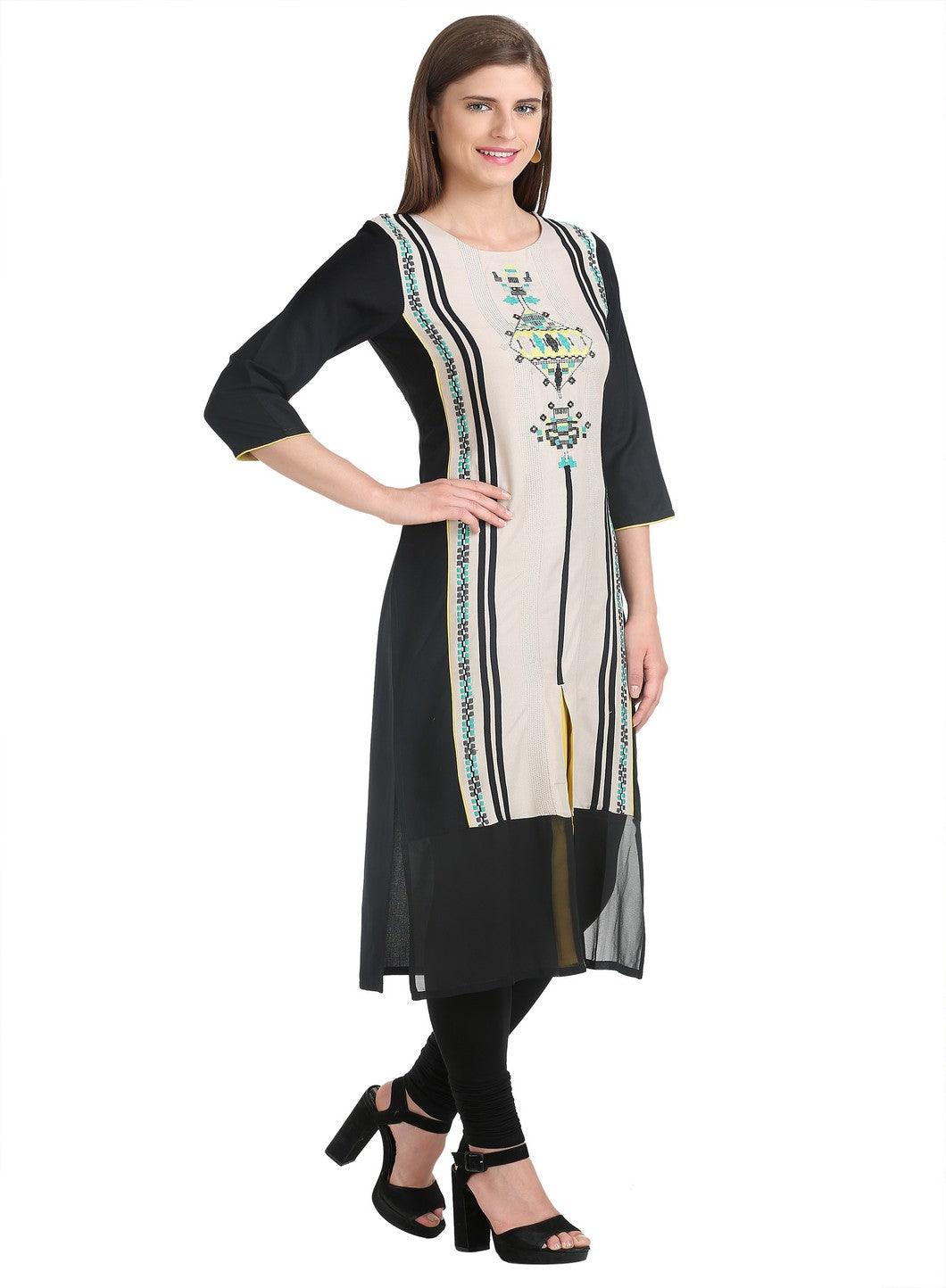 Black &amp; Beige 3/4 Sleeve Printed kurta - wforwoman