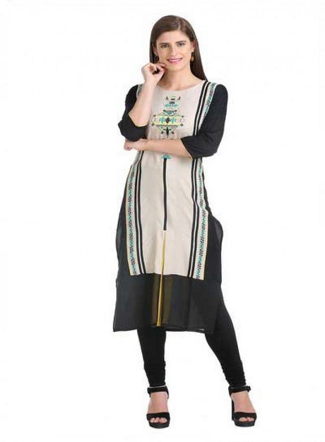 Black &amp; Beige 3/4 Sleeve Printed kurta - wforwoman