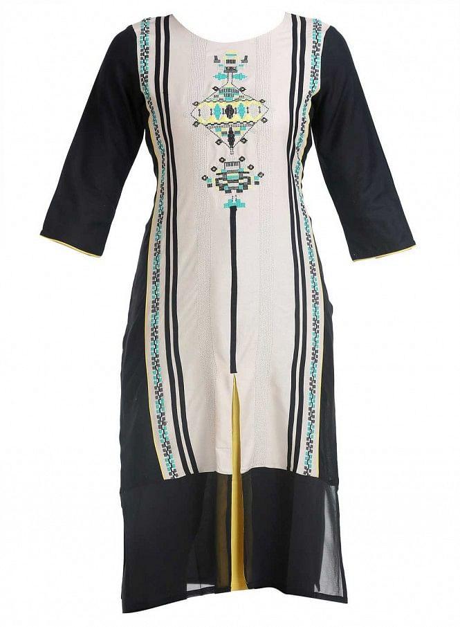 Black &amp; Beige 3/4 Sleeve Printed kurta - wforwoman