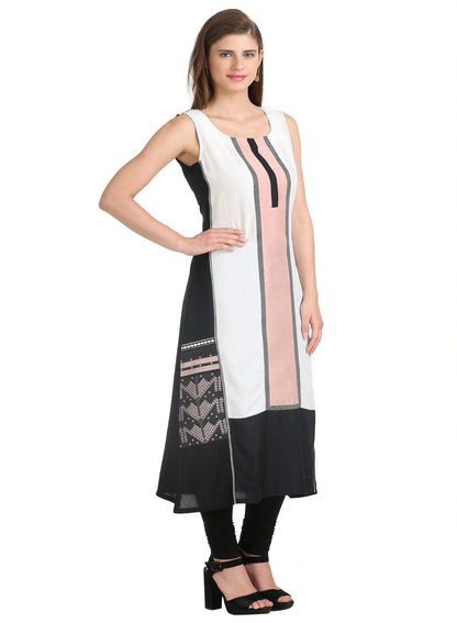 Black Round Neck Sleeveless Printed kurta - wforwoman