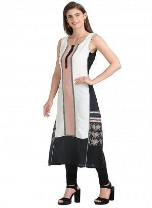 Black Round Neck Sleeveless Printed kurta - wforwoman