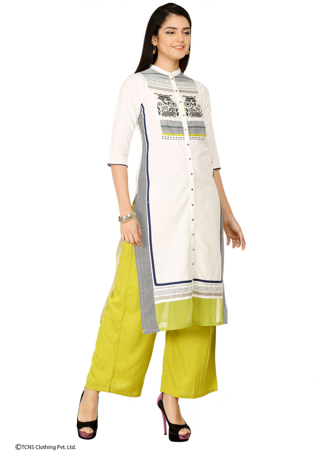 White Printed 3/4 Sleeve kurta