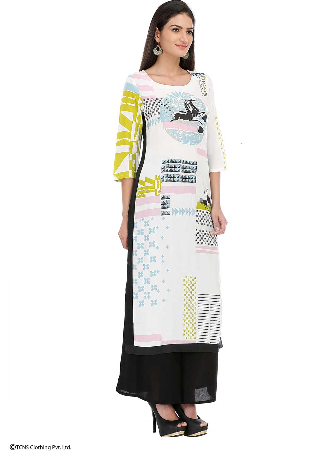 White Printed 3/4 Sleeve kurta