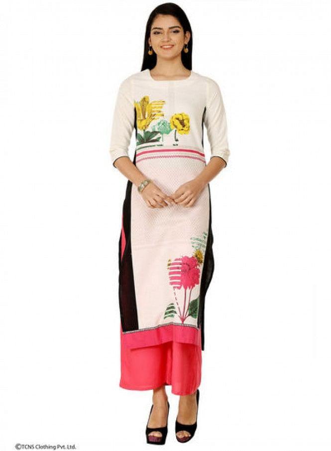 White Printed 3/4 Sleeve kurta - wforwoman