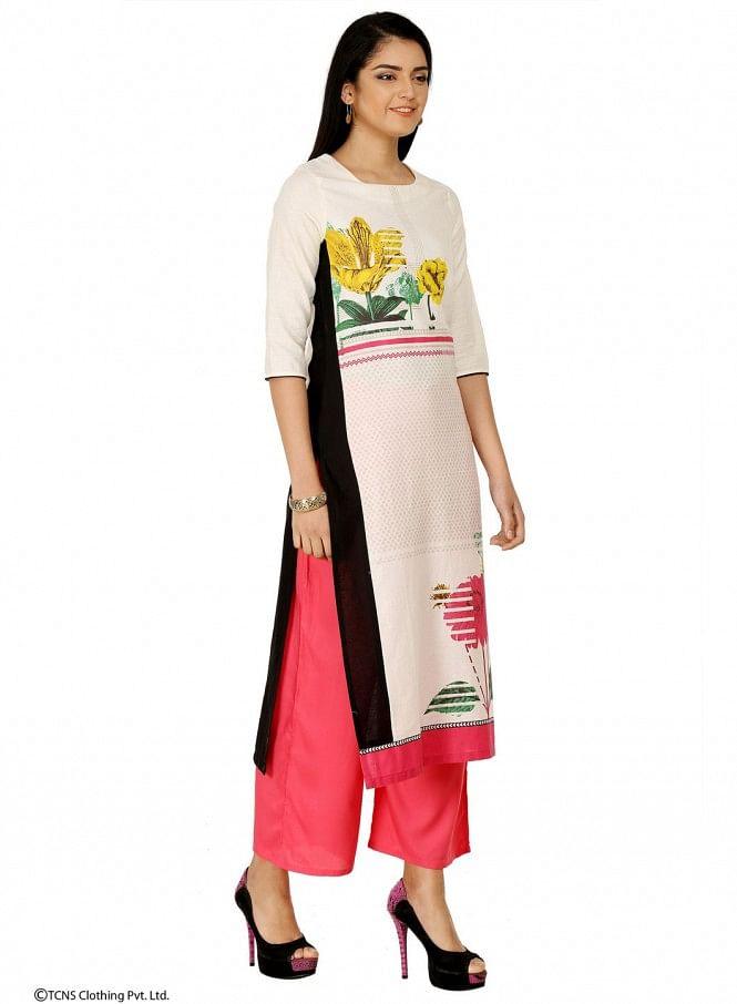 White Printed 3/4 Sleeve kurta - wforwoman