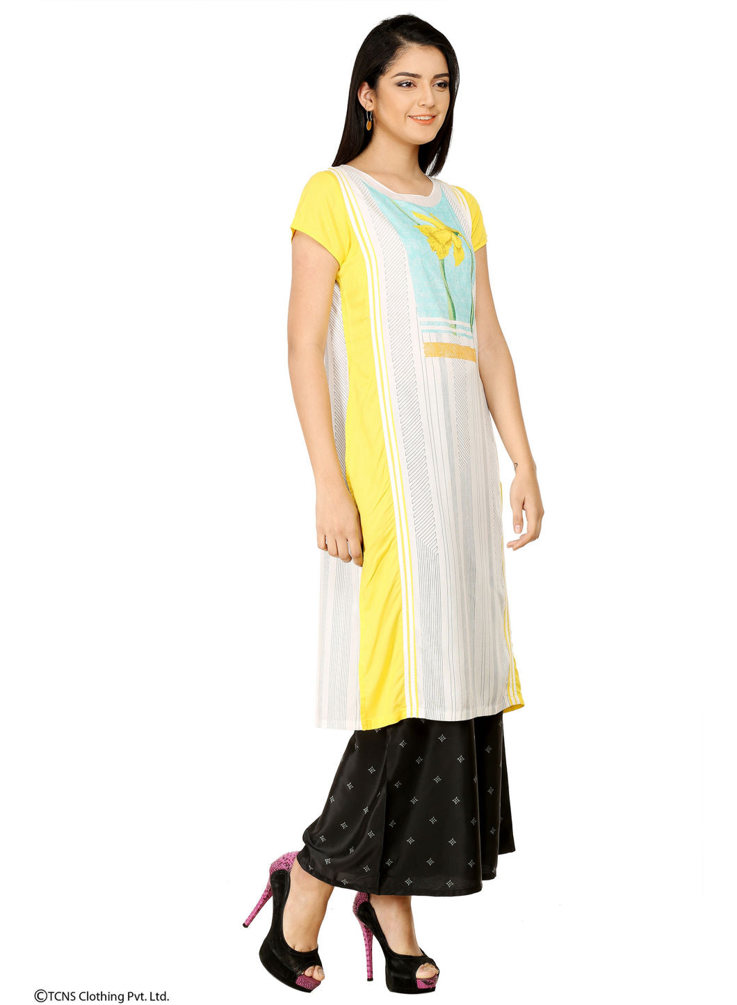 Yellow Printed Short Sleeve kurta