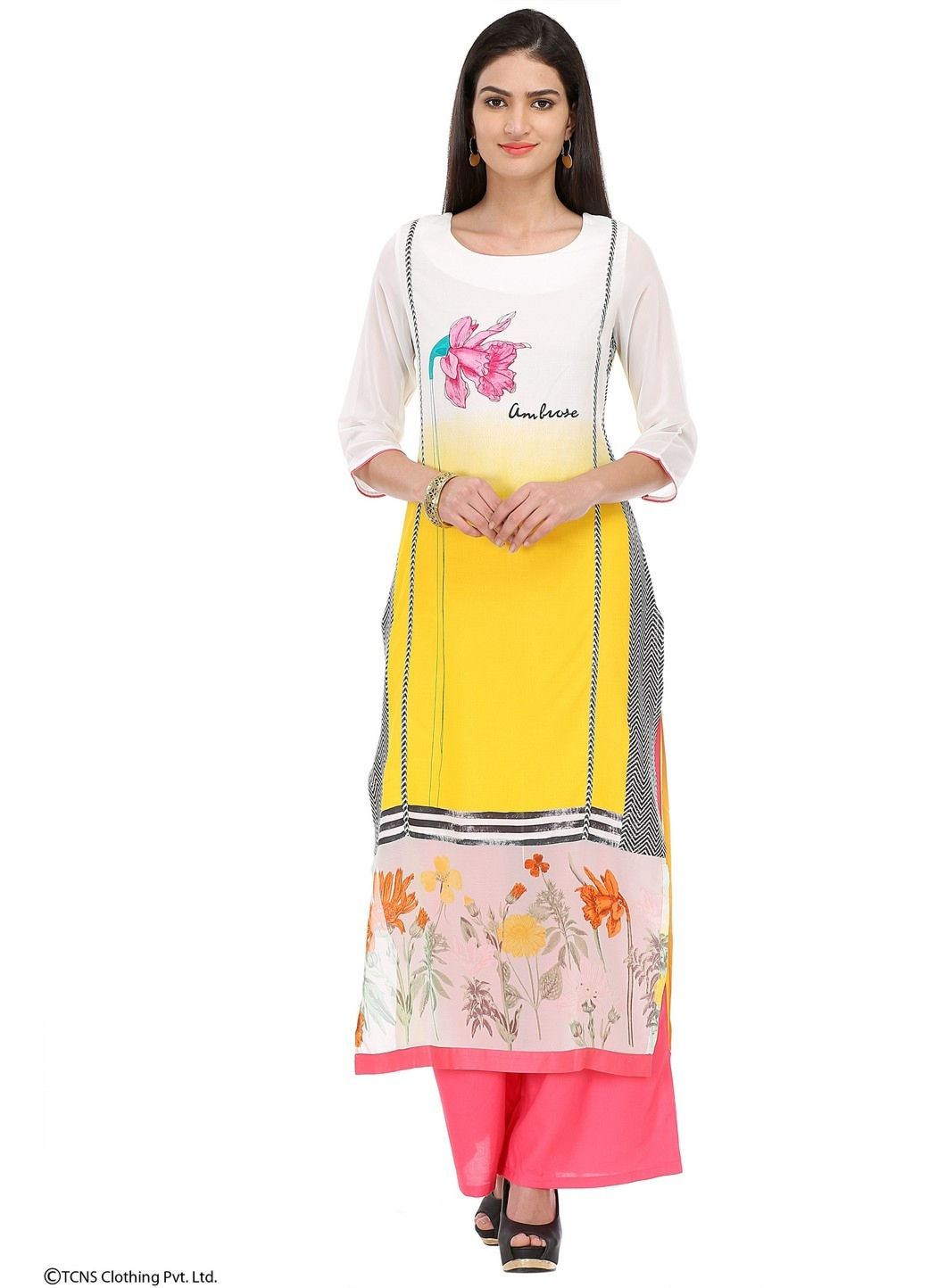 Yellow Printed 3/4 Sleeve kurta