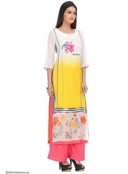 Yellow Printed 3/4 Sleeve kurta