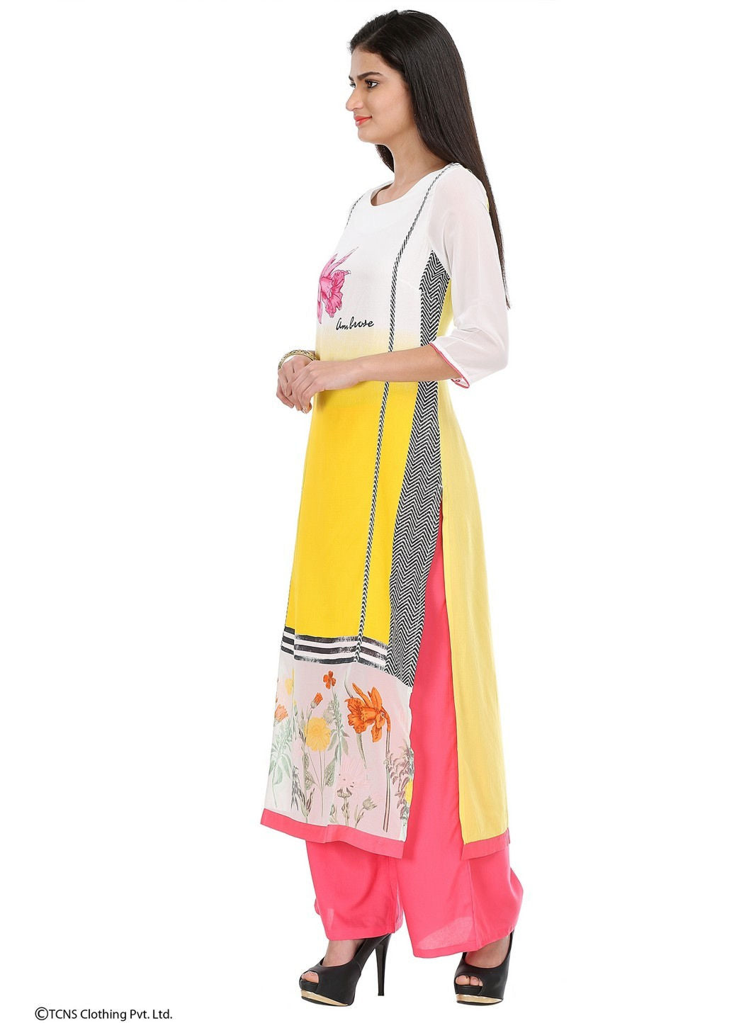 Yellow Printed 3/4 Sleeve kurta