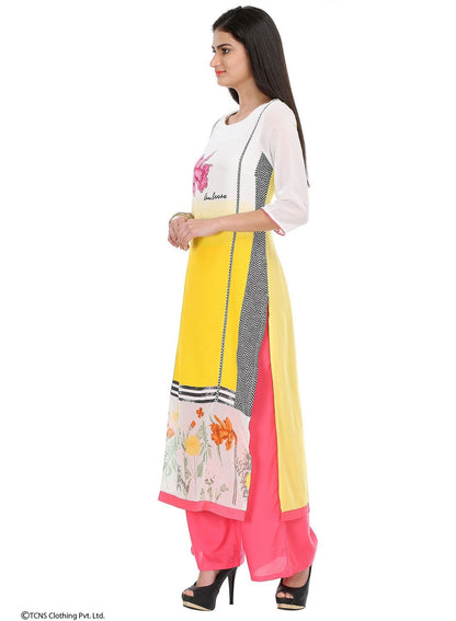 Yellow Printed 3/4 Sleeve kurta