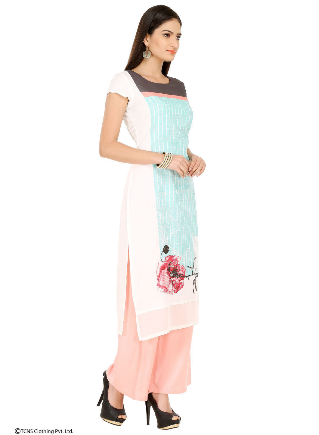 White Printed Short Sleeve kurta