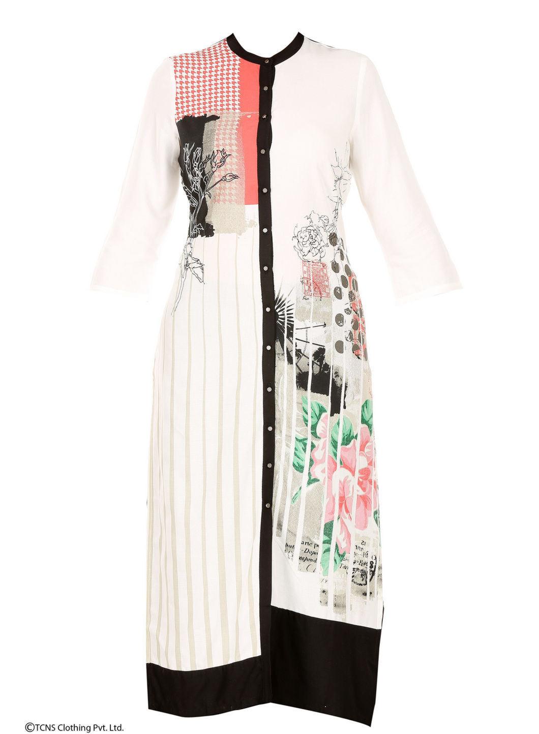 White Printed 3/4 Sleeve kurta - wforwoman