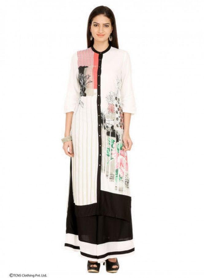 White Printed 3/4 Sleeve kurta - wforwoman