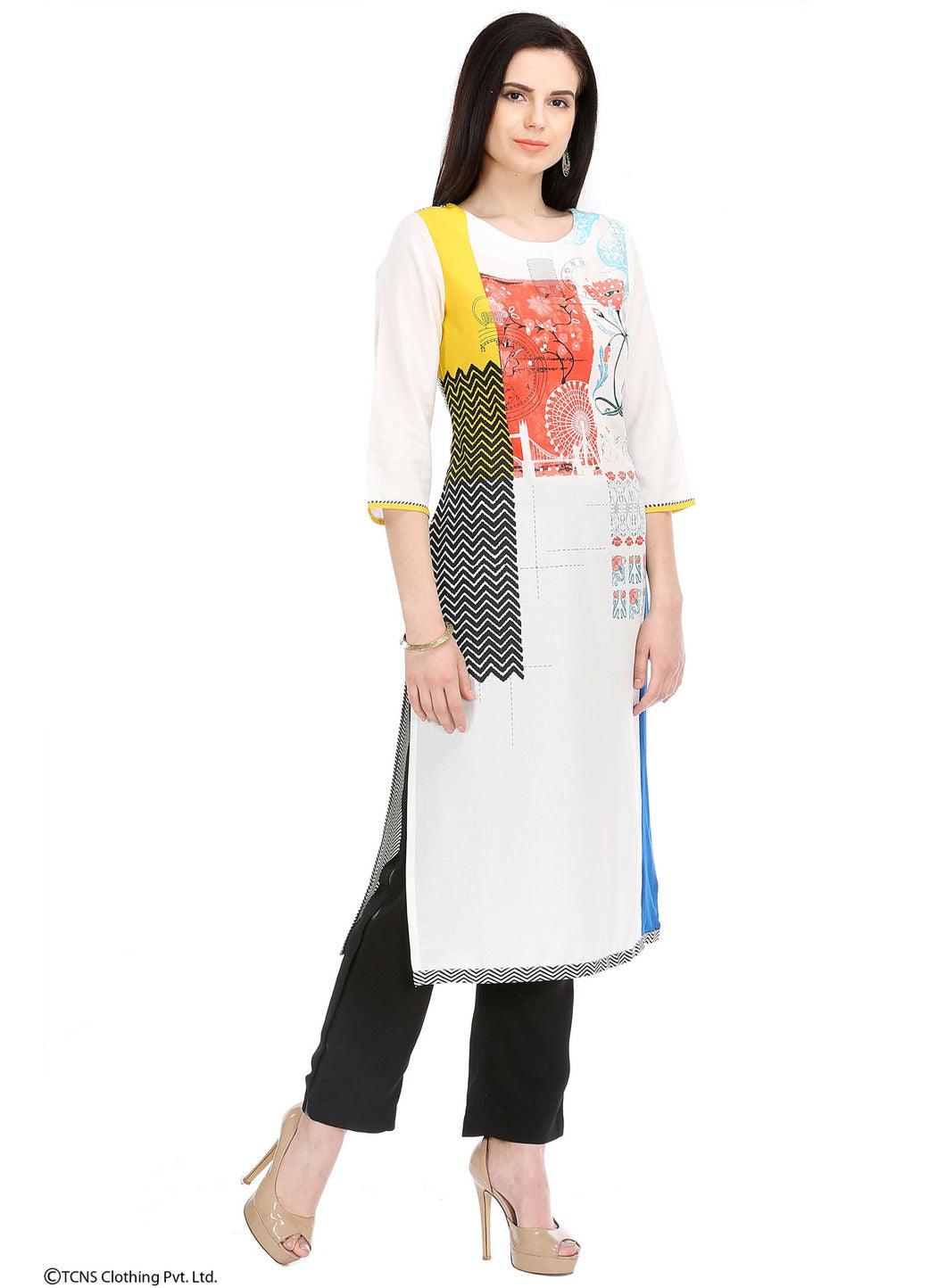 White Printed 3/4 Sleeve kurta - wforwoman