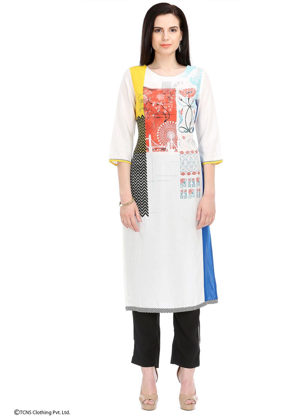 White Printed 3/4 Sleeve kurta - wforwoman