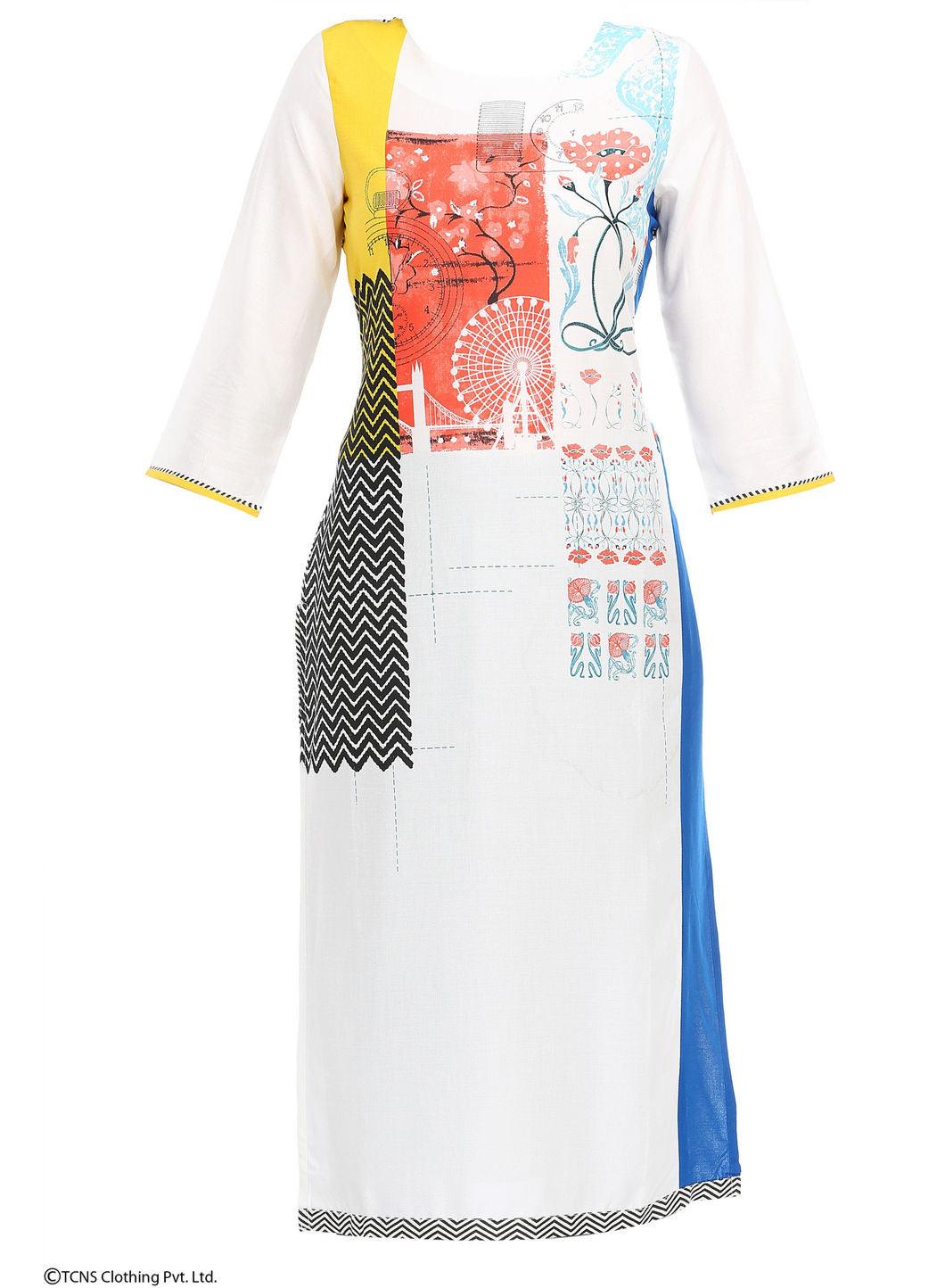 White Printed 3/4 Sleeve kurta - wforwoman