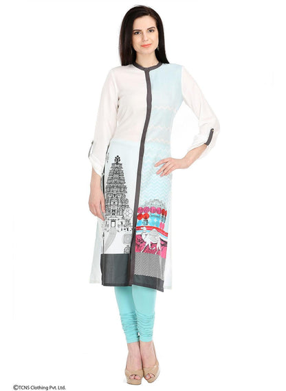 White Printed Full Sleeve kurta - wforwoman