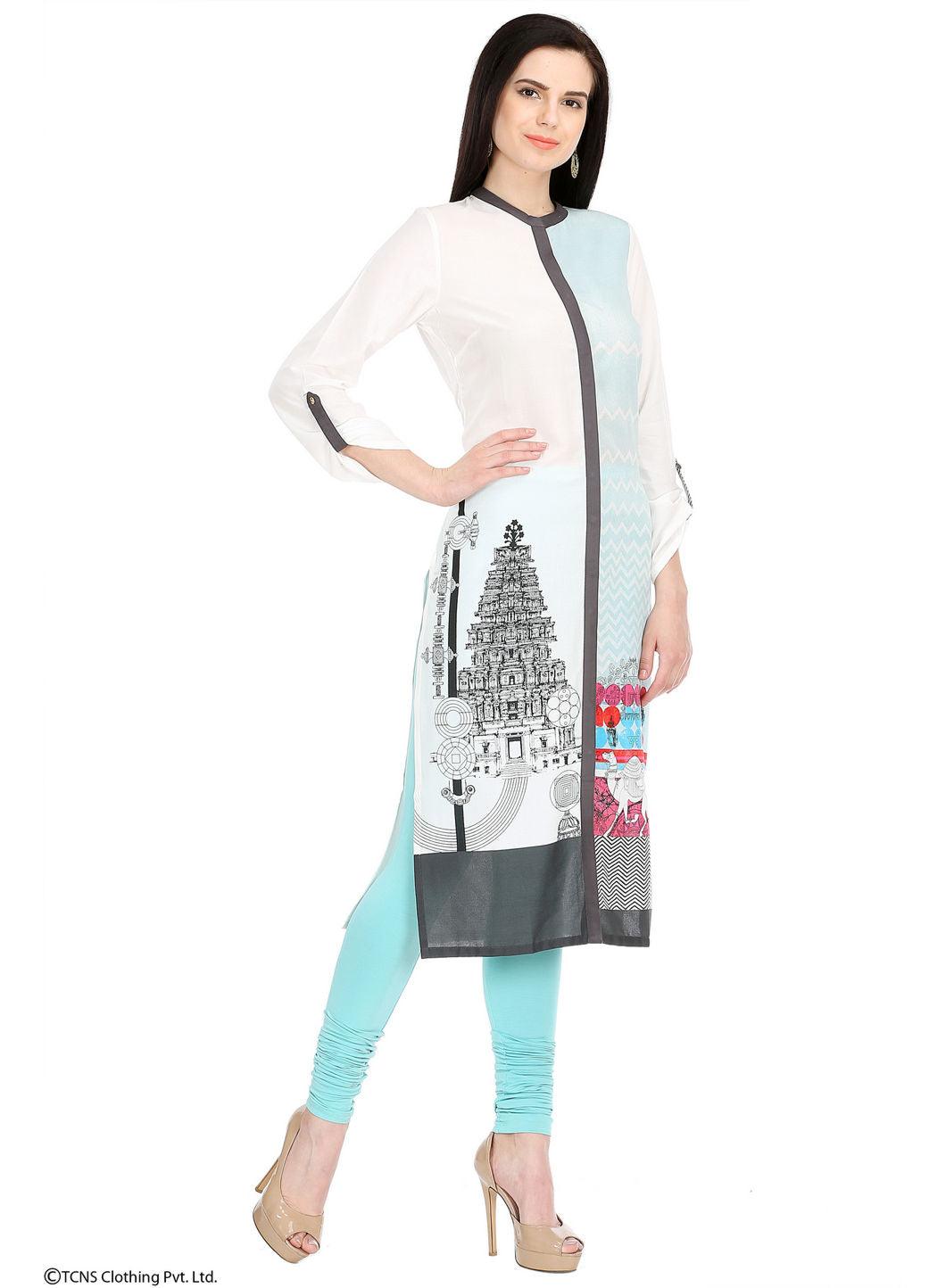 White Printed Full Sleeve kurta - wforwoman