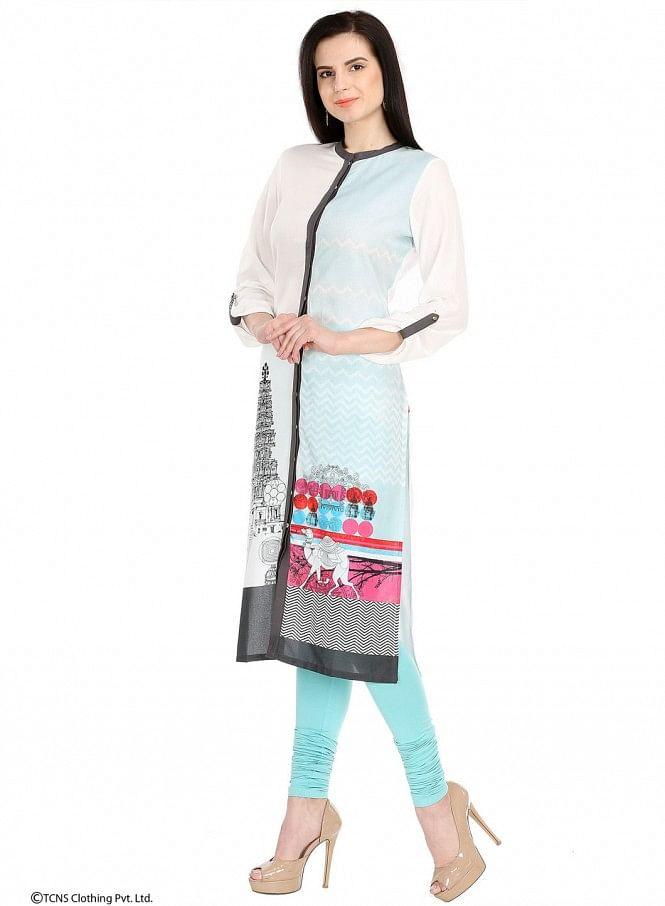 White Printed Full Sleeve kurta - wforwoman