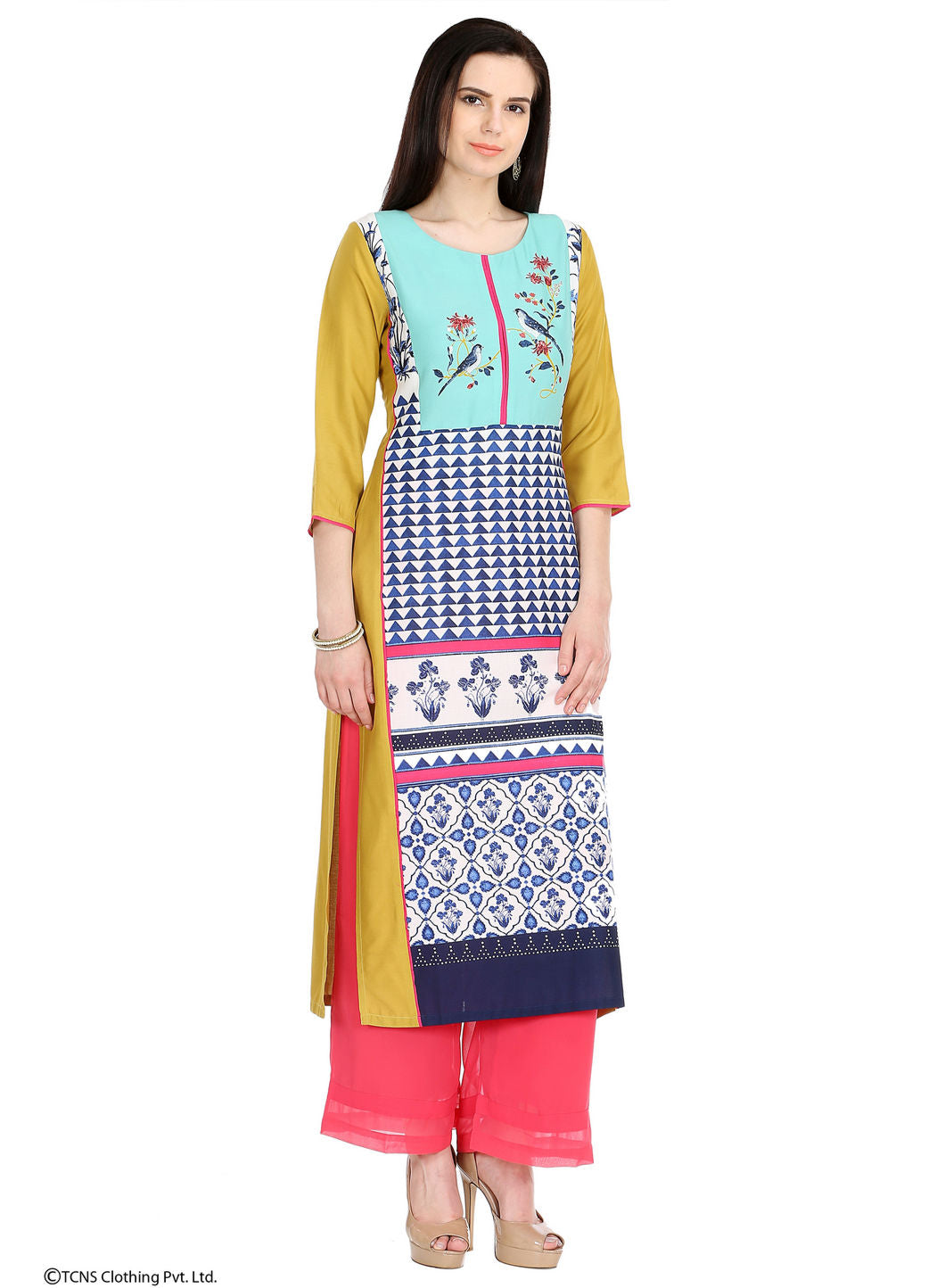 Yellow Printed 3/4 Sleeve kurta