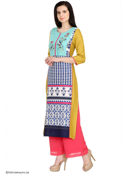 Yellow Printed 3/4 Sleeve kurta