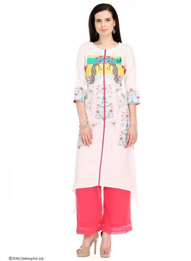 White Printed 3/4 Sleeve kurta - wforwoman