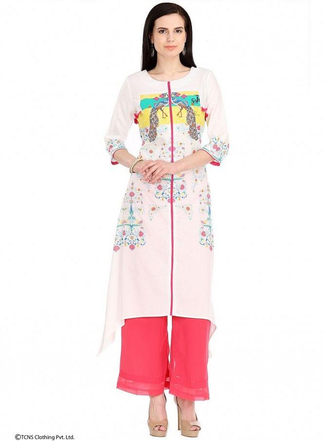 White Printed 3/4 Sleeve kurta - wforwoman