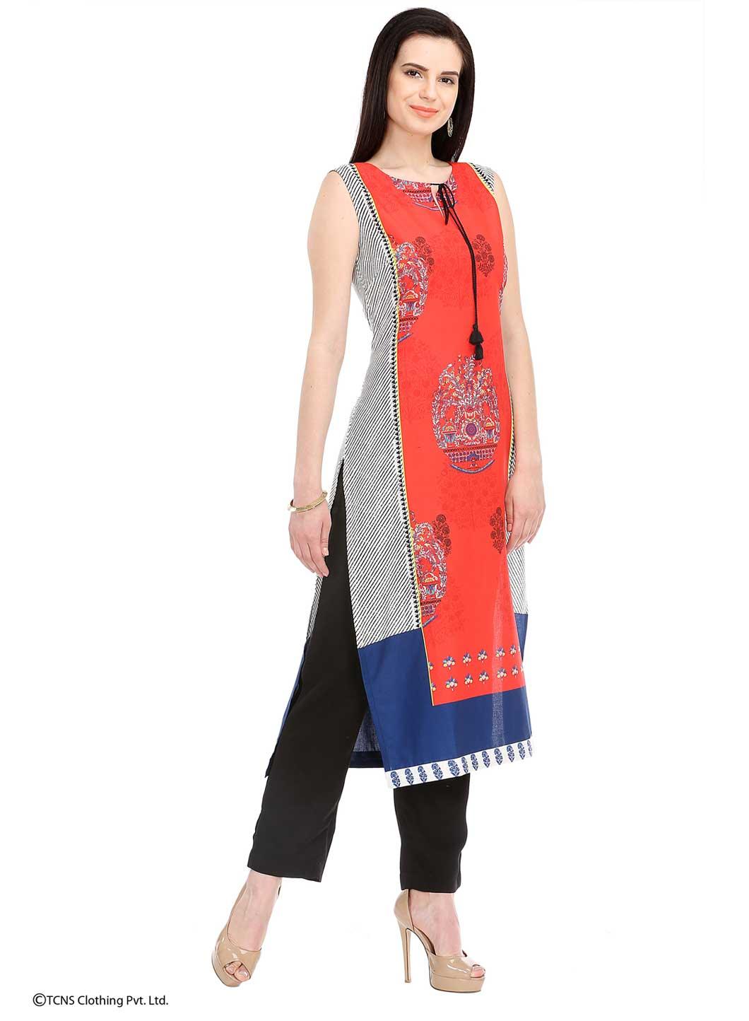 Off-White Printed Sleeveless kurta - wforwoman