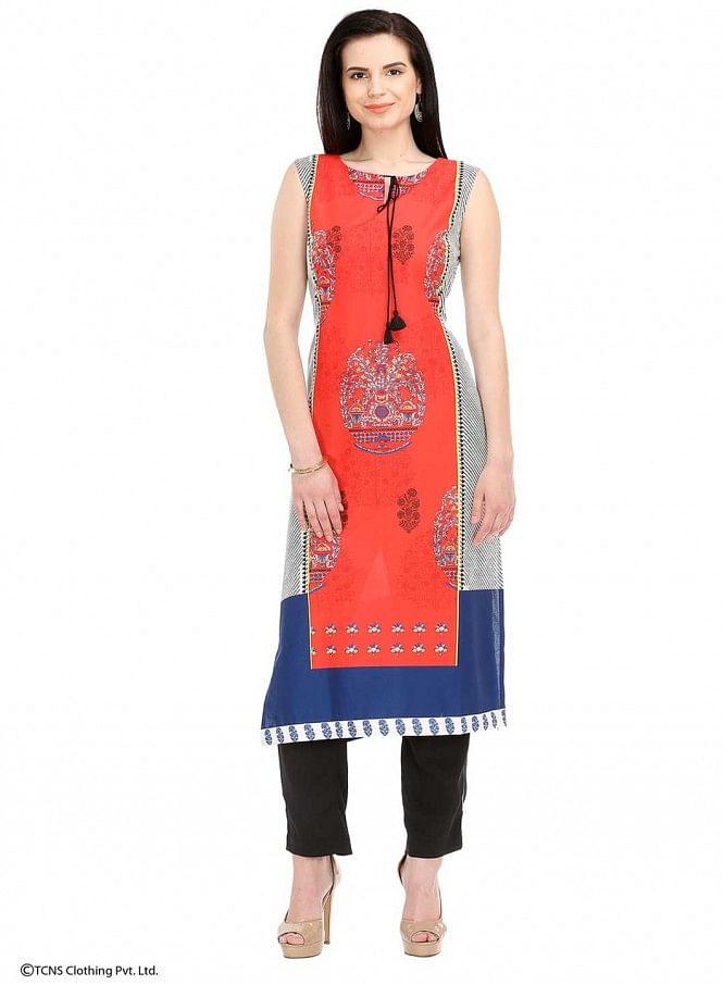 Off-White Printed Sleeveless kurta - wforwoman