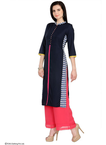 Blue Printed 3/4 Sleeve kurta - wforwoman