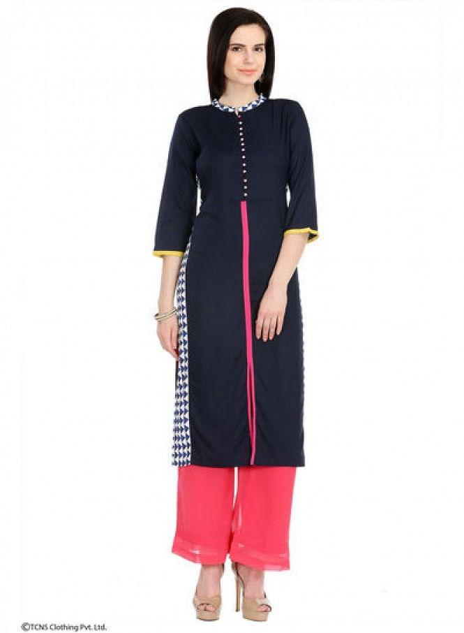 Blue Printed 3/4 Sleeve kurta - wforwoman