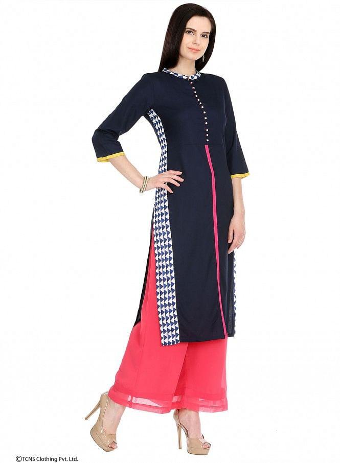 Blue Printed 3/4 Sleeve kurta - wforwoman