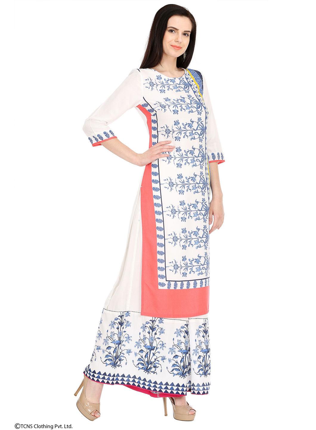 White Printed 3/4 Sleeve kurta - wforwoman