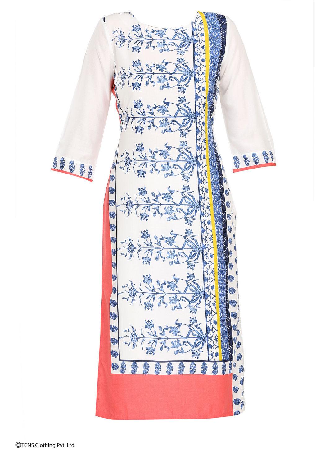 White Printed 3/4 Sleeve kurta - wforwoman